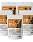 Three 1.5kg zooVITAL venison potato dog food pouches with nutritional label