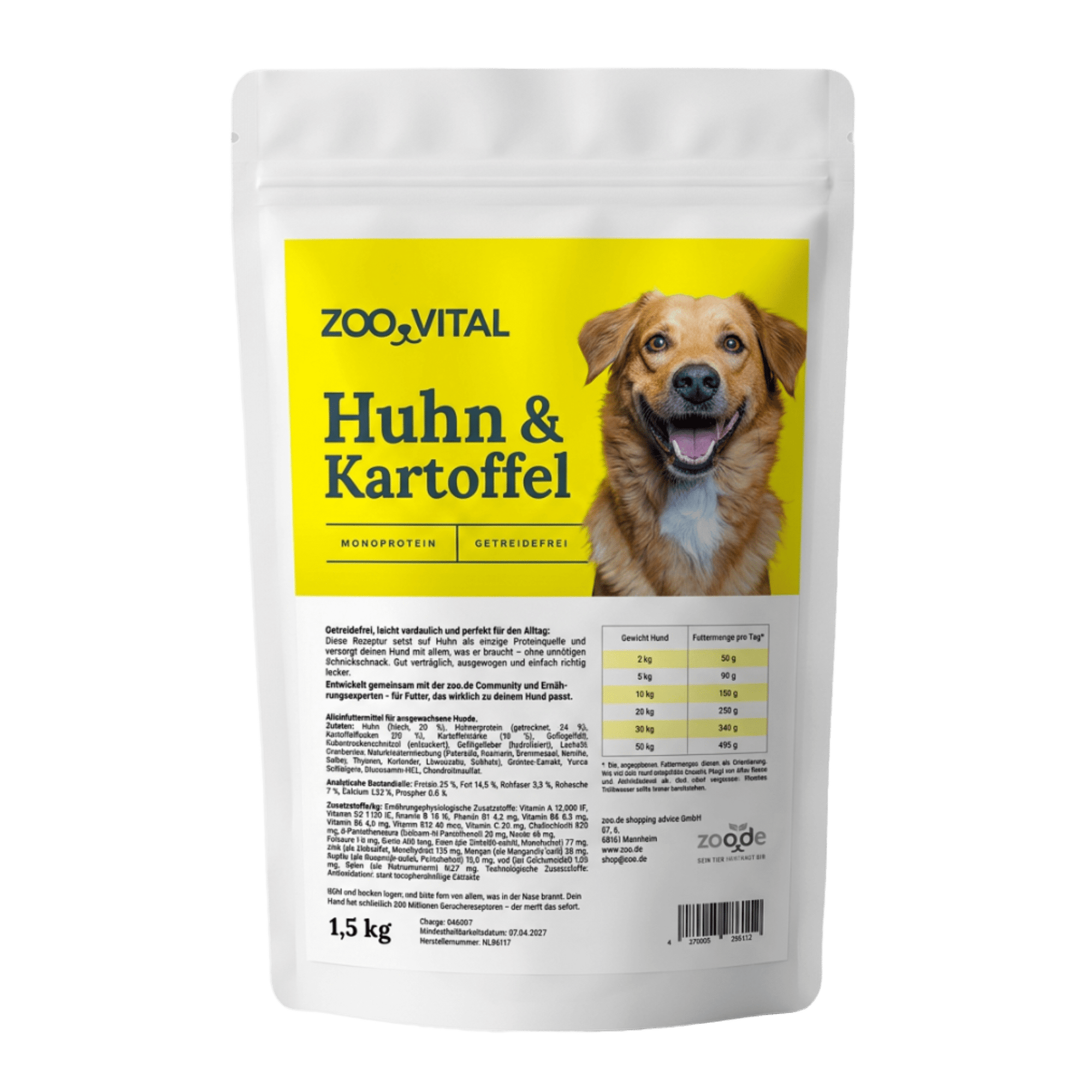 Back of zooVital Huhn & Kartoffel bag displaying ingredients and nutrition facts