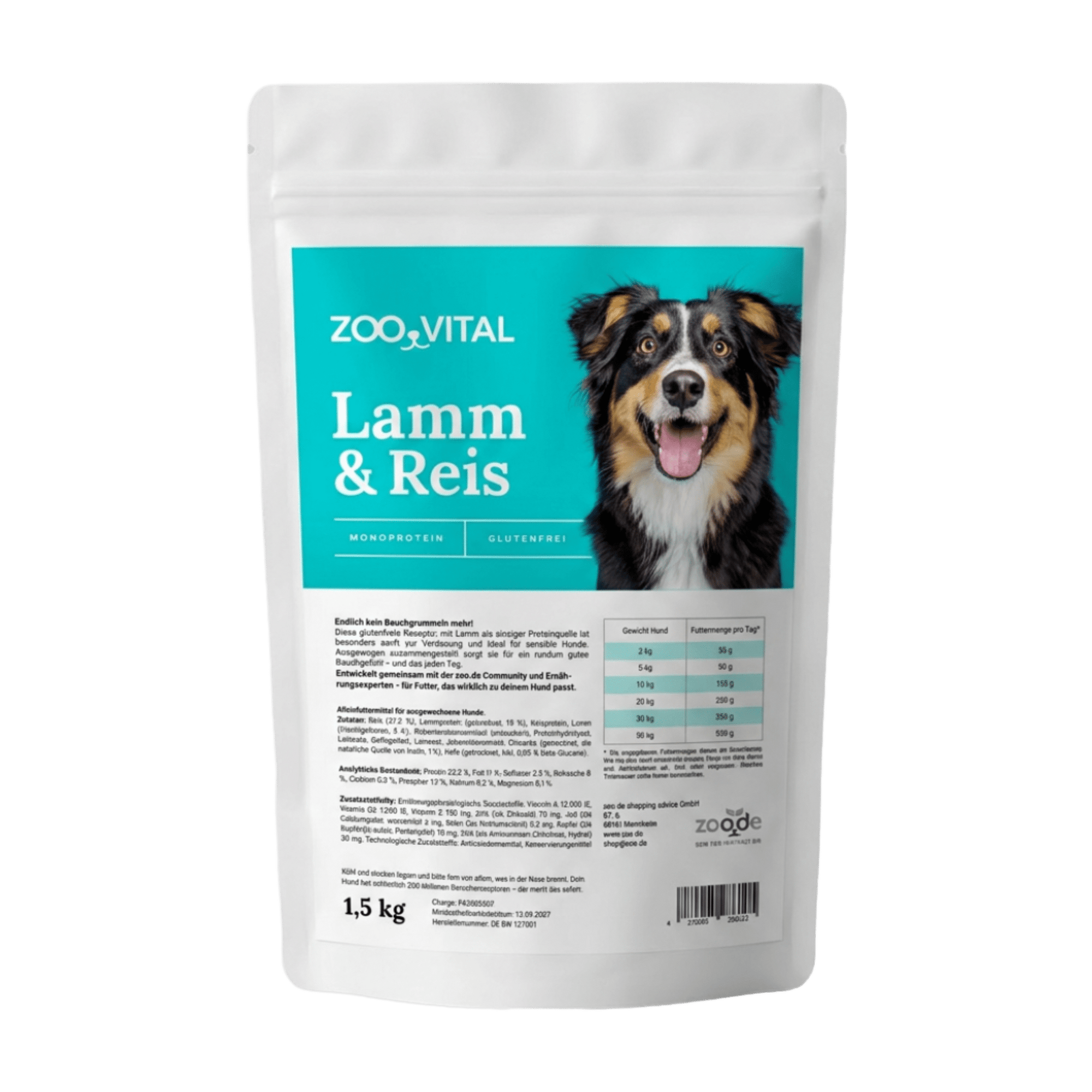 Front view of 1.5kg zooVital lamb rice monoprotein dry dog food bag