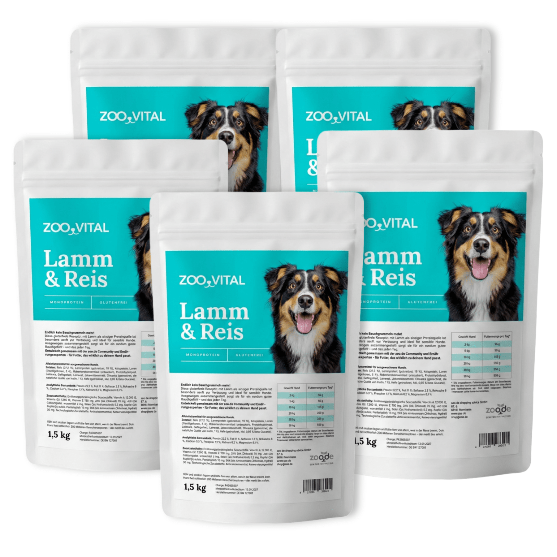 Three white resealable pouches of zooVital gluten-free lamb rice dog food