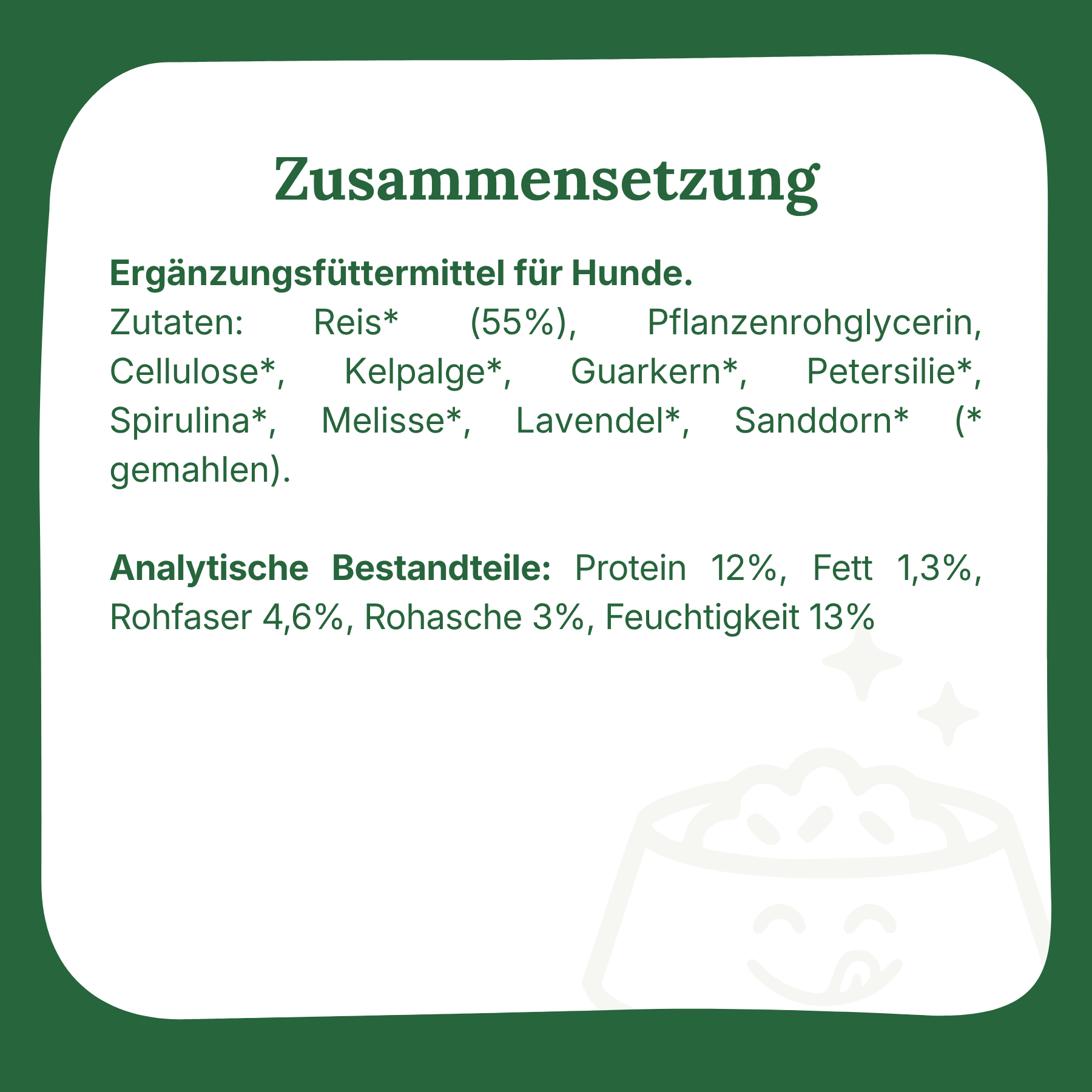 Zusammensetzung der glutenfreien Hundezahnputzsticks mit Reis und Spirulina