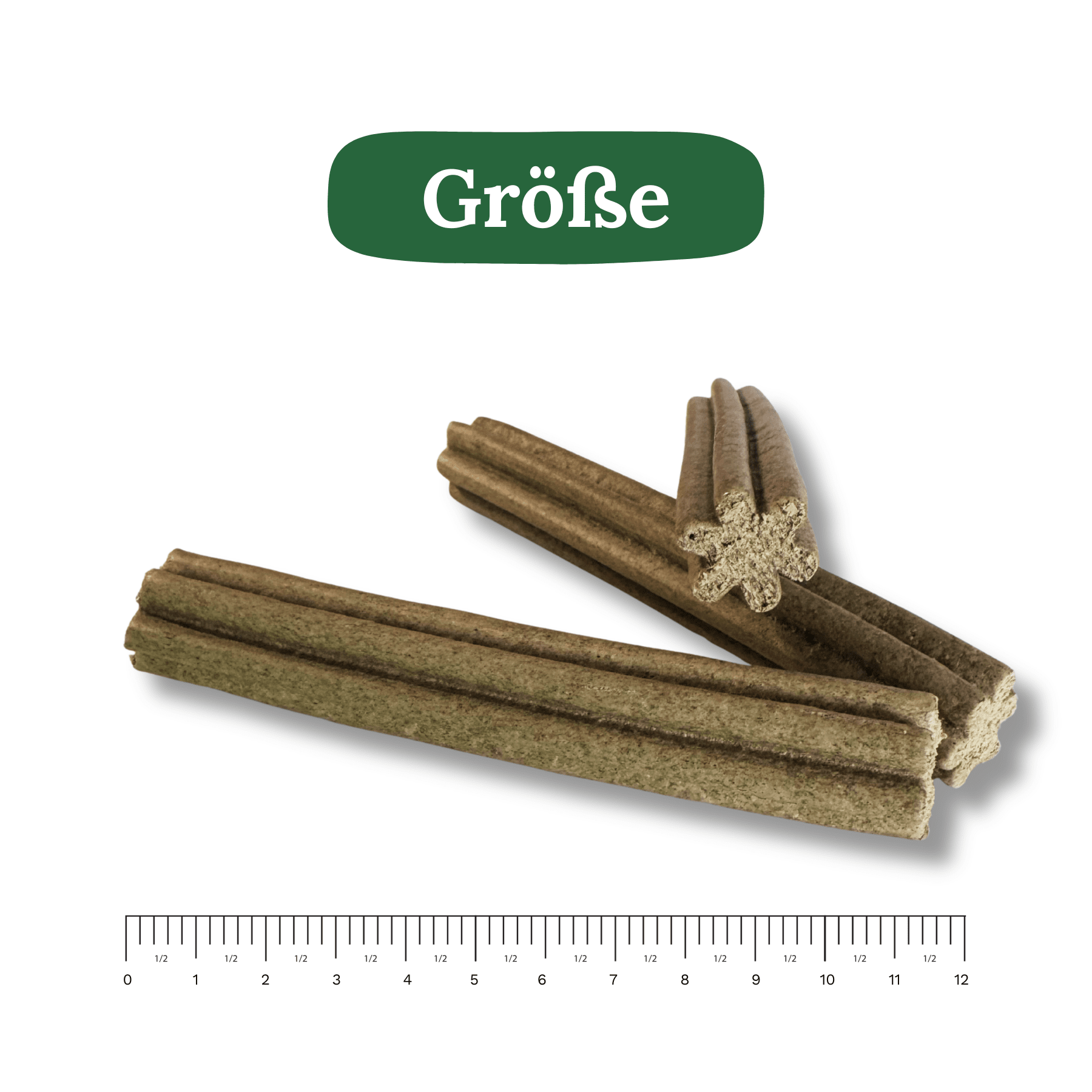 Drei braune texturierte Hundezahnputzsticks mit Sternquerschnitt und Größenvergleich