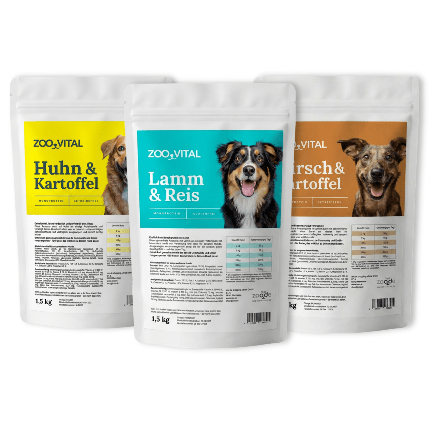 three zooVITAL dog food flavors side by side 1.5 kg bags