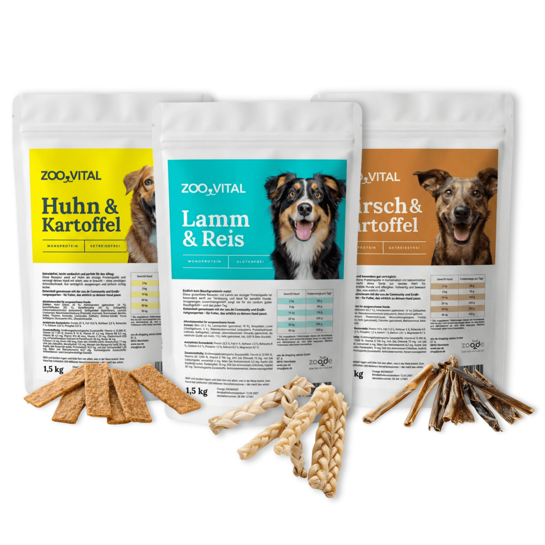 zooVital dry dog food variety pack with chicken, lamb, and venison flavors in 1.5kg resealable pouches