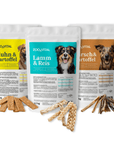 zooVital dry dog food variety pack with chicken, lamb, and venison flavors in 1.5kg resealable pouches