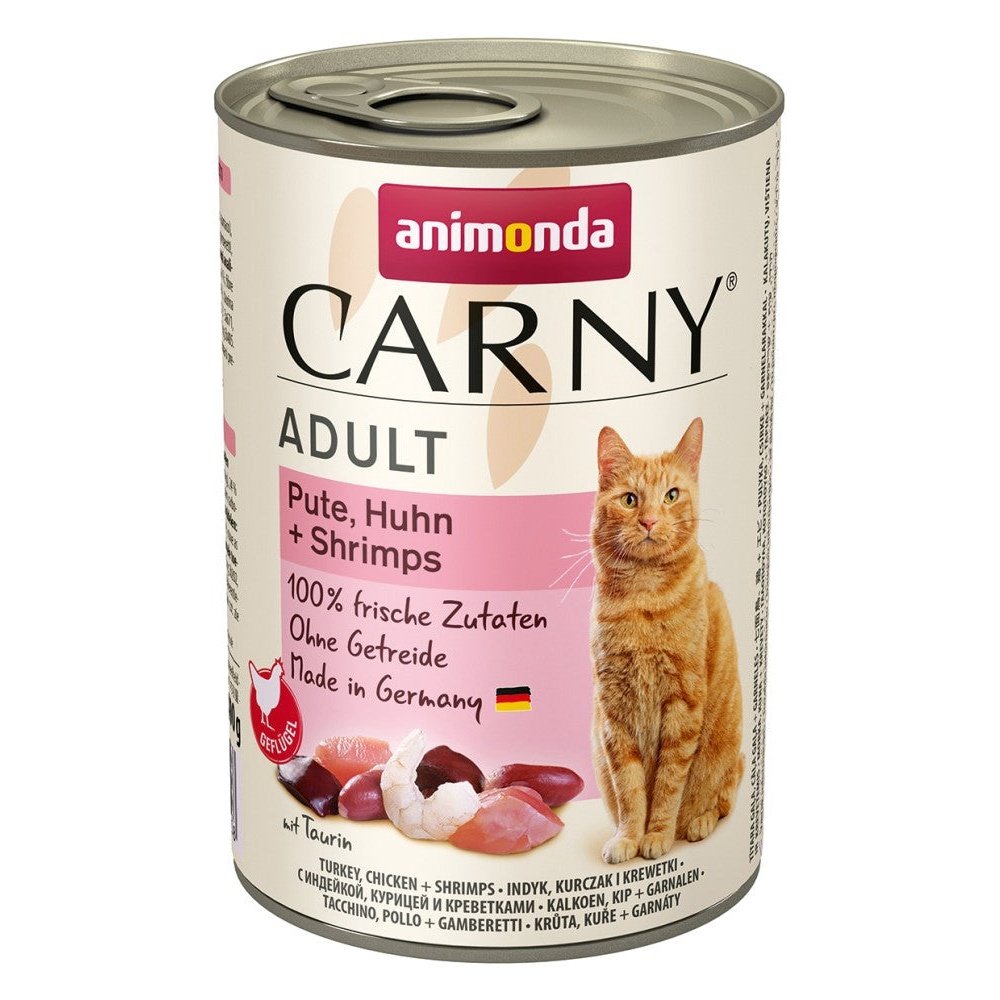 Artikel mit dem Namen Animonda Cat Carny Adult Pute & Huhn & Shrimps im Shop von zoo.de , dem Onlineshop für nachhaltiges Hundefutter und Katzenfutter.
