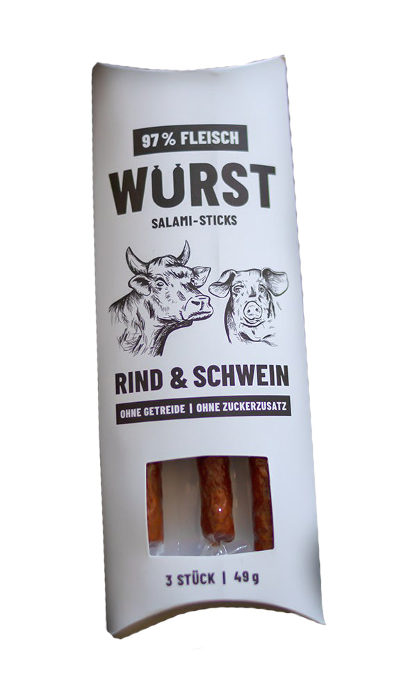 Artikel mit dem Namen Schnauze&amp;Co Wurst Salami Sticks Snack für Hunde im Shop von zoo.de , dem Onlineshop für nachhaltiges Hundefutter und Katzenfutter.