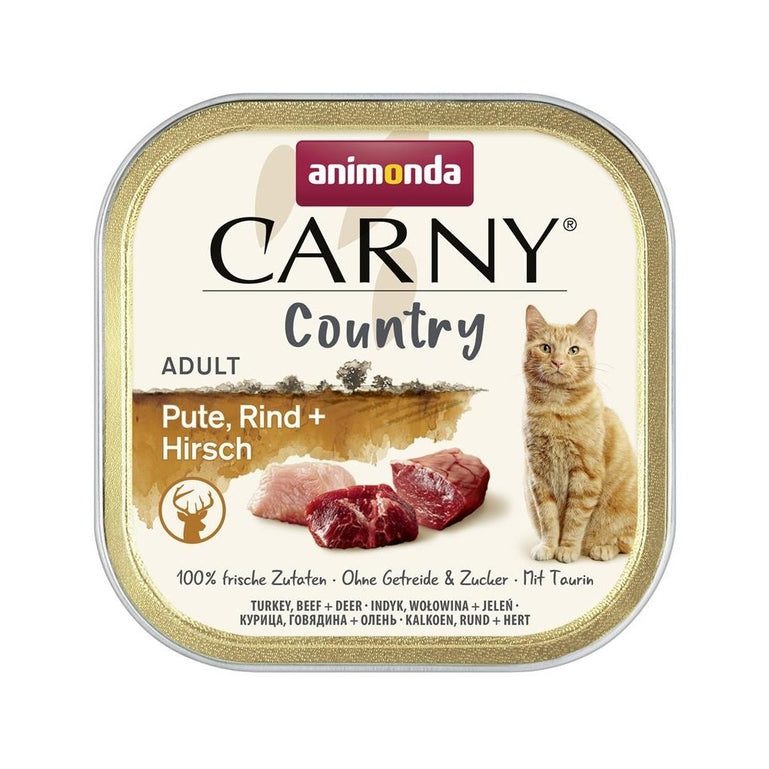 Artikel mit dem Namen Animonda Cat Carny Country Adult Pute, Rind + Hirsch im Shop von zoo.de , dem Onlineshop für nachhaltiges Hundefutter und Katzenfutter.