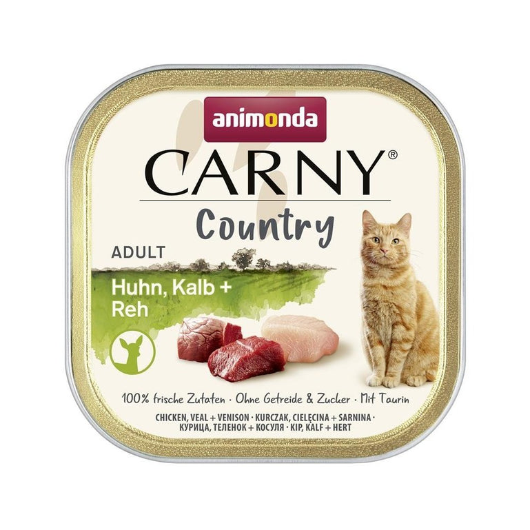 Artikel mit dem Namen Animonda Cat Carny Country Adult Huhn, Kalb + Reh im Shop von zoo.de , dem Onlineshop für nachhaltiges Hundefutter und Katzenfutter.