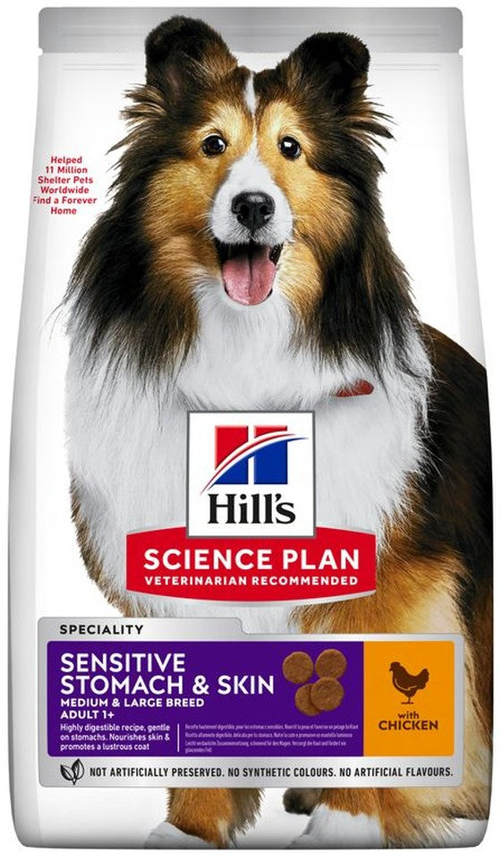 Artikel mit dem Namen Hills Science Plan Hund Adult Sensitive Stomach &amp; Skin Medium Huhn im Shop von zoo.de , dem Onlineshop für nachhaltiges Hundefutter und Katzenfutter.