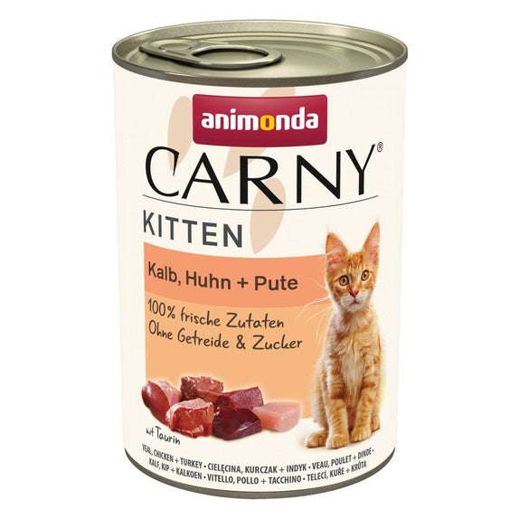Artikel mit dem Namen Animonda Cat Carny Kitten Kalb, Huhn + Pute im Shop von zoo.de , dem Onlineshop für nachhaltiges Hundefutter und Katzenfutter.