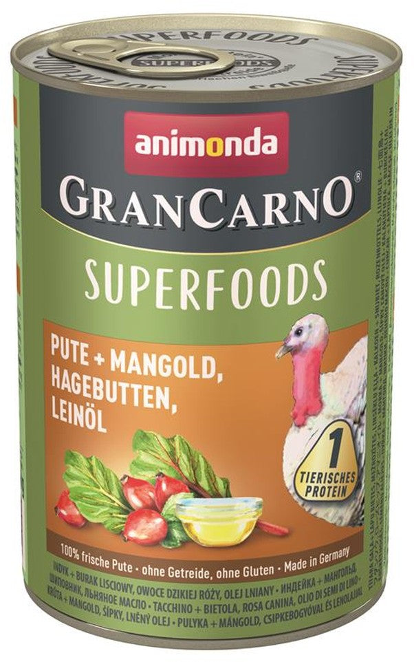 Artikel mit dem Namen Animonda Dog GranCarno Adult Superfood Pute + Mangold im Shop von zoo.de , dem Onlineshop für nachhaltiges Hundefutter und Katzenfutter.