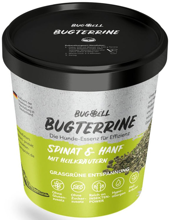 Artikel mit dem Namen BugBell Dog BugTerrine Adult grün Spinat + Hanf im Shop von zoo.de , dem Onlineshop für nachhaltiges Hundefutter und Katzenfutter.
