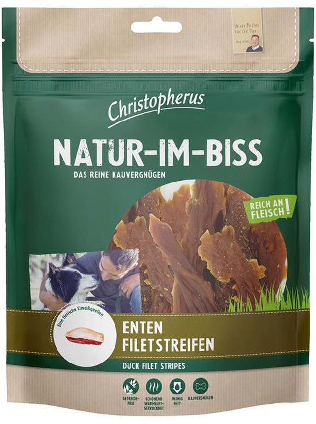 Artikel mit dem Namen Christopherus Snack Entenfiletstreifen im Shop von zoo.de , dem Onlineshop für nachhaltiges Hundefutter und Katzenfutter.