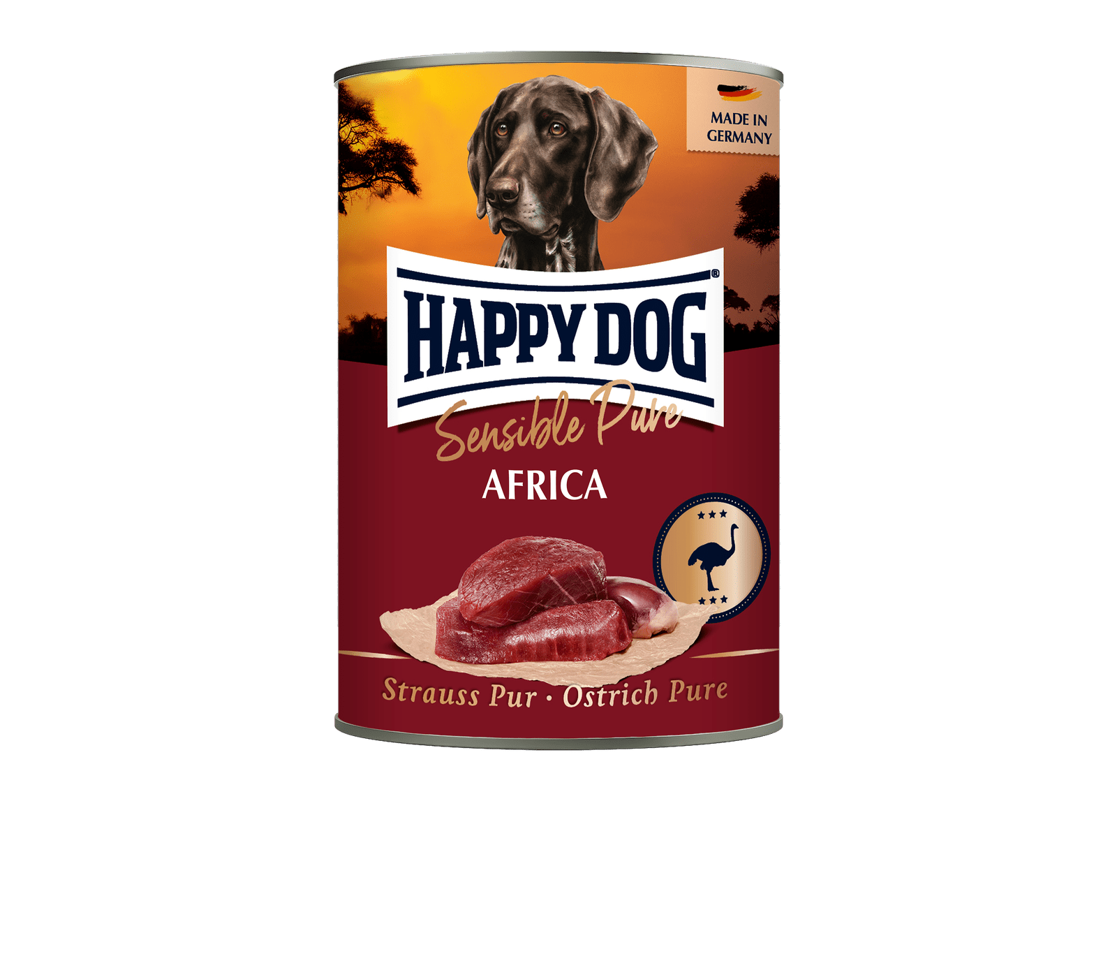 Artikel mit dem Namen Happy Dog Dose Sensible Pure Africa Strauß im Shop von zoo.de , dem Onlineshop für nachhaltiges Hundefutter und Katzenfutter.