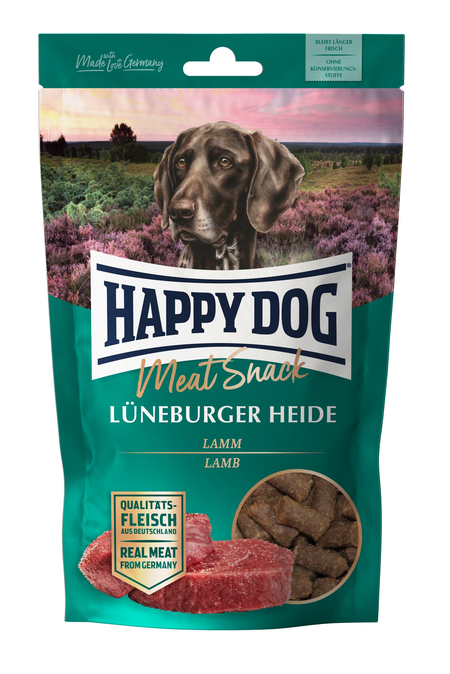 Artikel mit dem Namen Happy Dog Meat Snack Lüneberger Heide im Shop von zoo.de , dem Onlineshop für nachhaltiges Hundefutter und Katzenfutter.