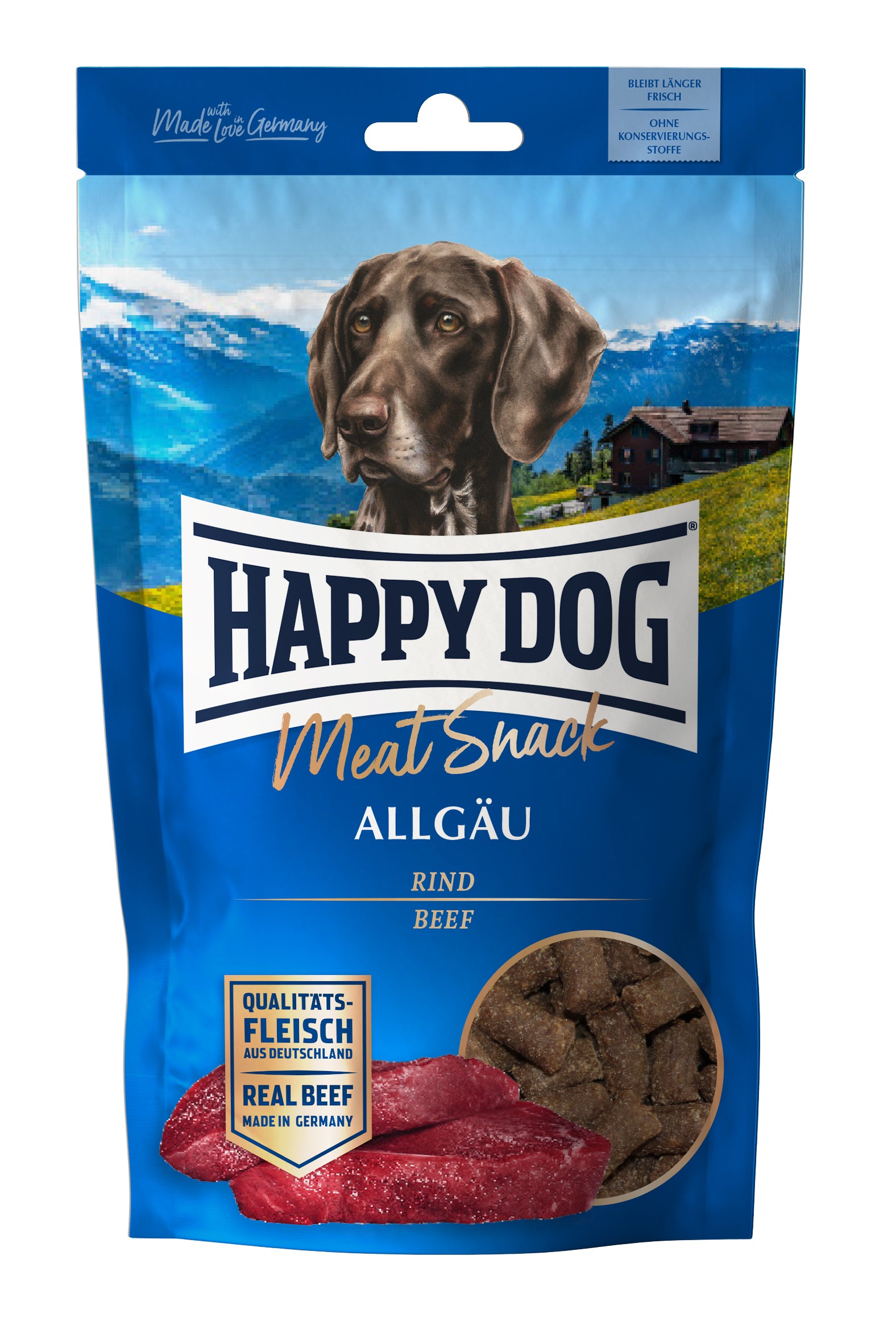 Artikel mit dem Namen Happy Dog Meat Snack Allgäu im Shop von zoo.de , dem Onlineshop für nachhaltiges Hundefutter und Katzenfutter.