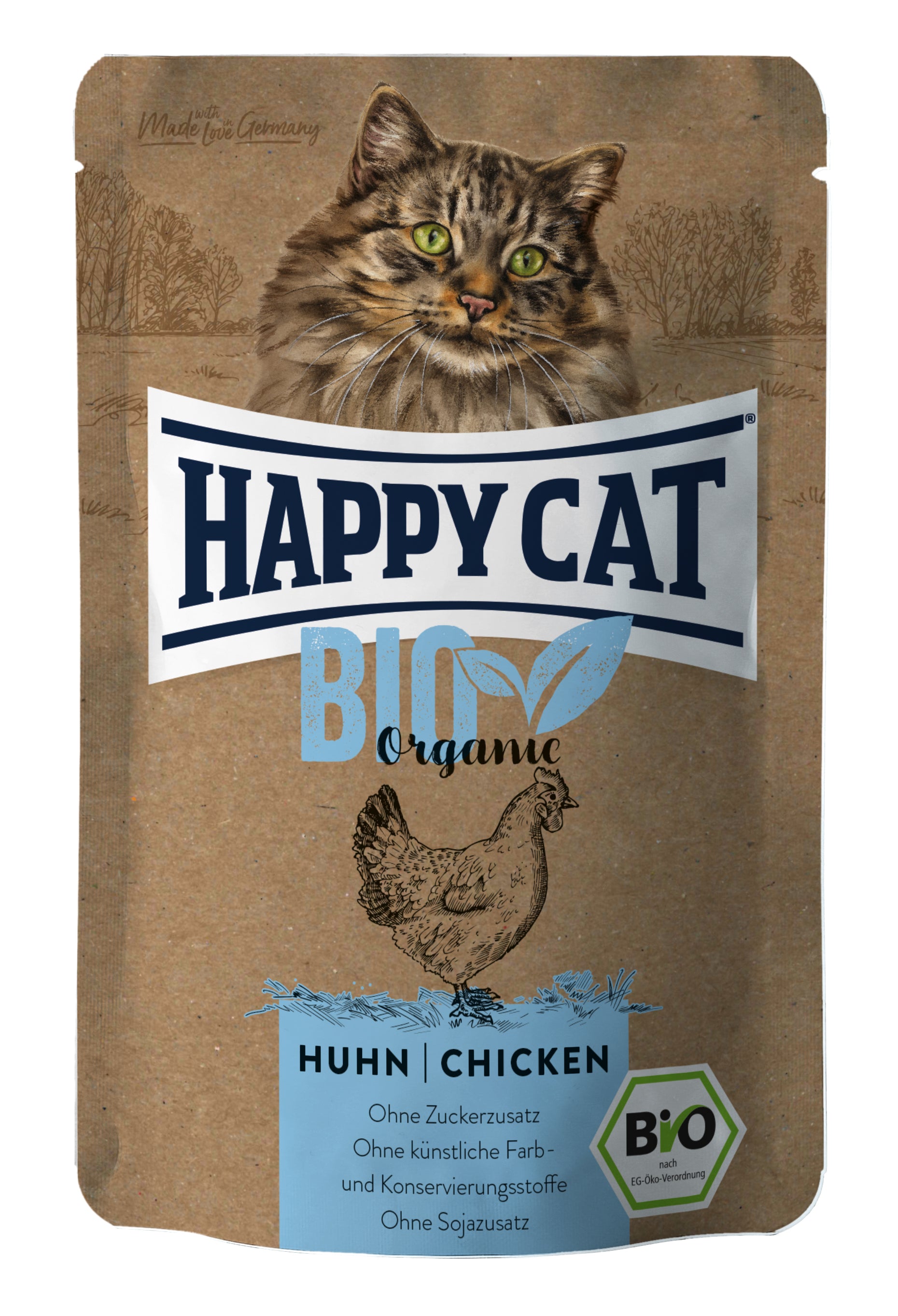 Artikel mit dem Namen Happy Cat Bio Pouch Huhn im Shop von zoo.de , dem Onlineshop für nachhaltiges Hundefutter und Katzenfutter.