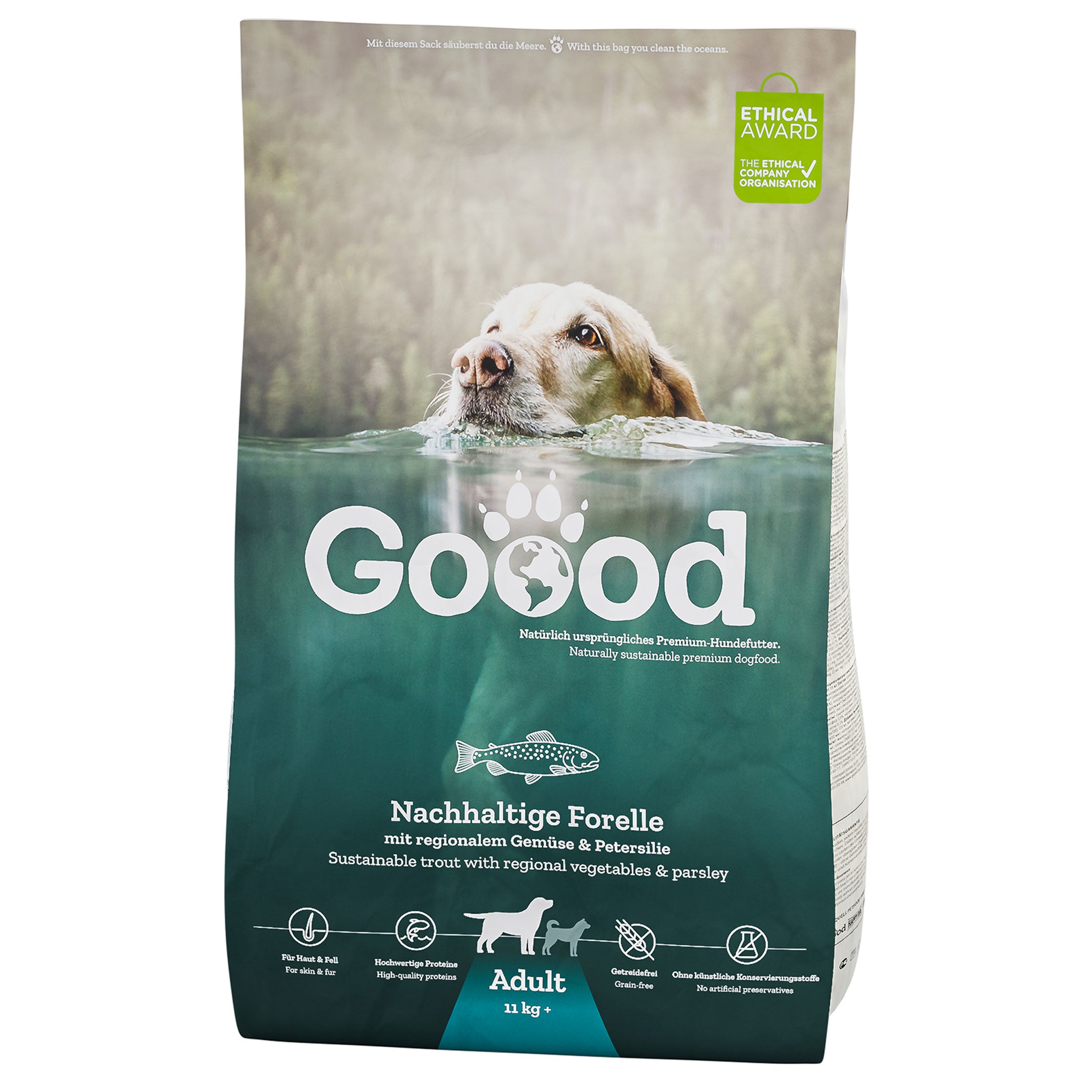 Artikel mit dem Namen GOOOD Adult Nachhaltige Forelle Trockenfutter im Shop von zoo.de , dem Onlineshop für nachhaltiges Hundefutter und Katzenfutter.