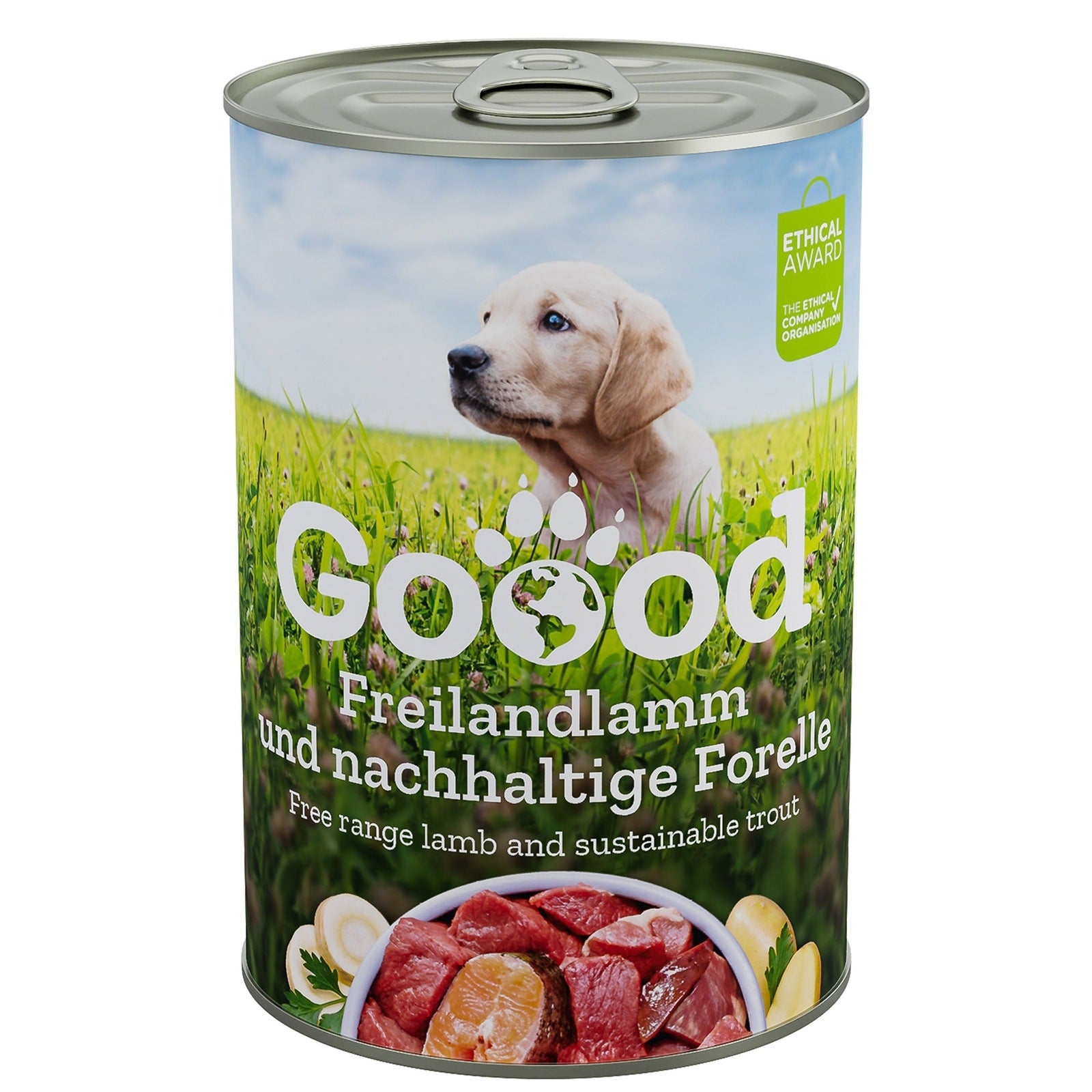 Artikel mit dem Namen GOOOD Junior Freilandlamm &amp; Forelle im Shop von zoo.de , dem Onlineshop für nachhaltiges Hundefutter und Katzenfutter.