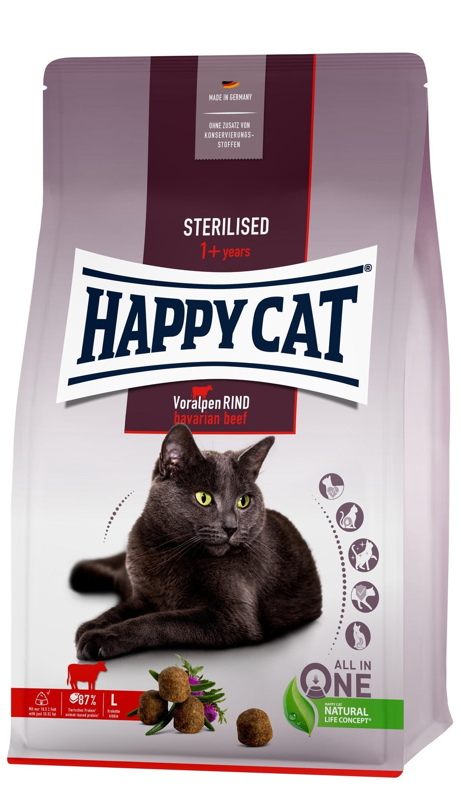Artikel mit dem Namen Happy Cat Sterilised Adult Voralpen Rind im Shop von zoo.de , dem Onlineshop für nachhaltiges Hundefutter und Katzenfutter.