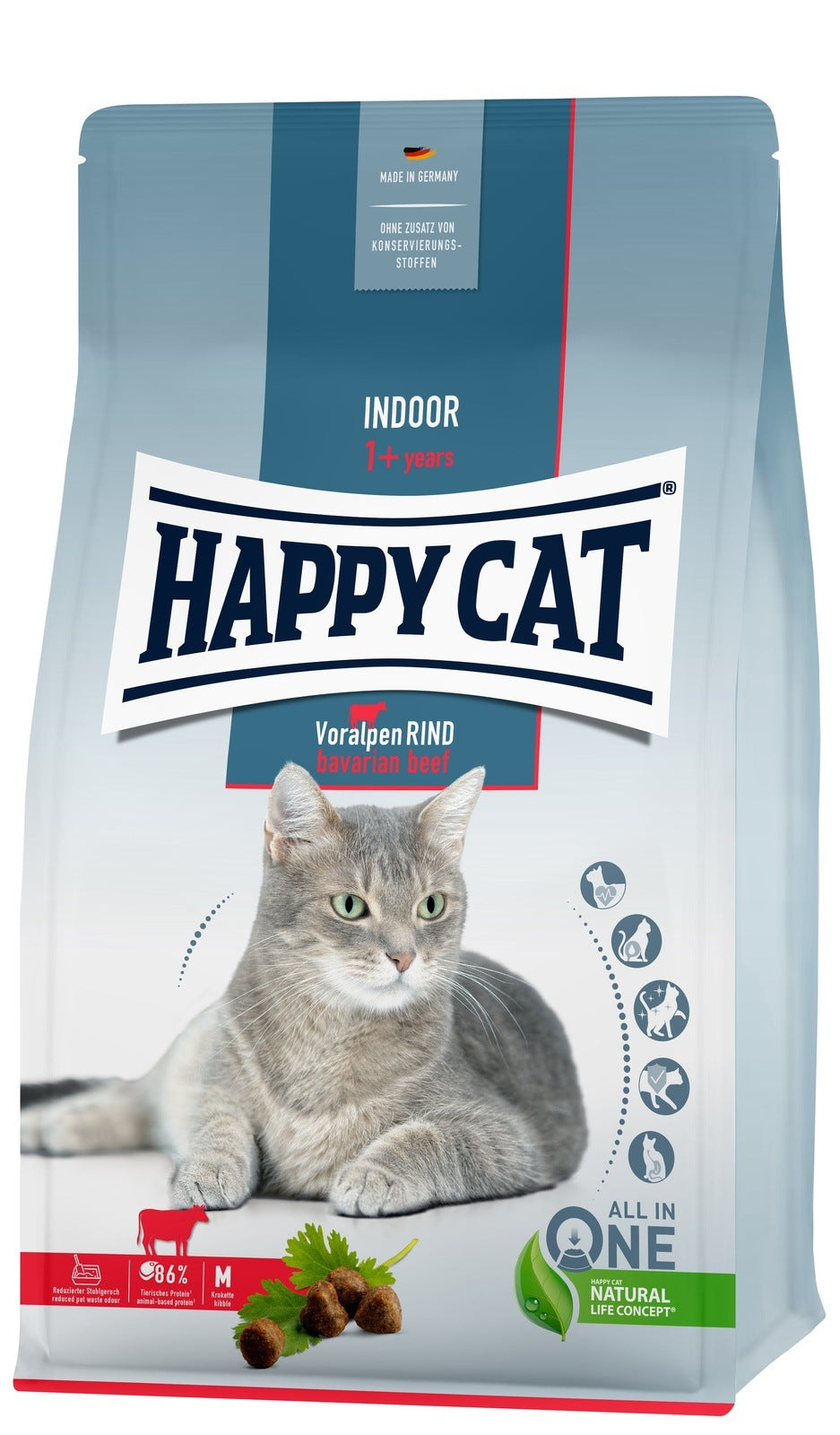 Artikel mit dem Namen Happy Cat Indoor Adult Voralpen Rind im Shop von zoo.de , dem Onlineshop für nachhaltiges Hundefutter und Katzenfutter.
