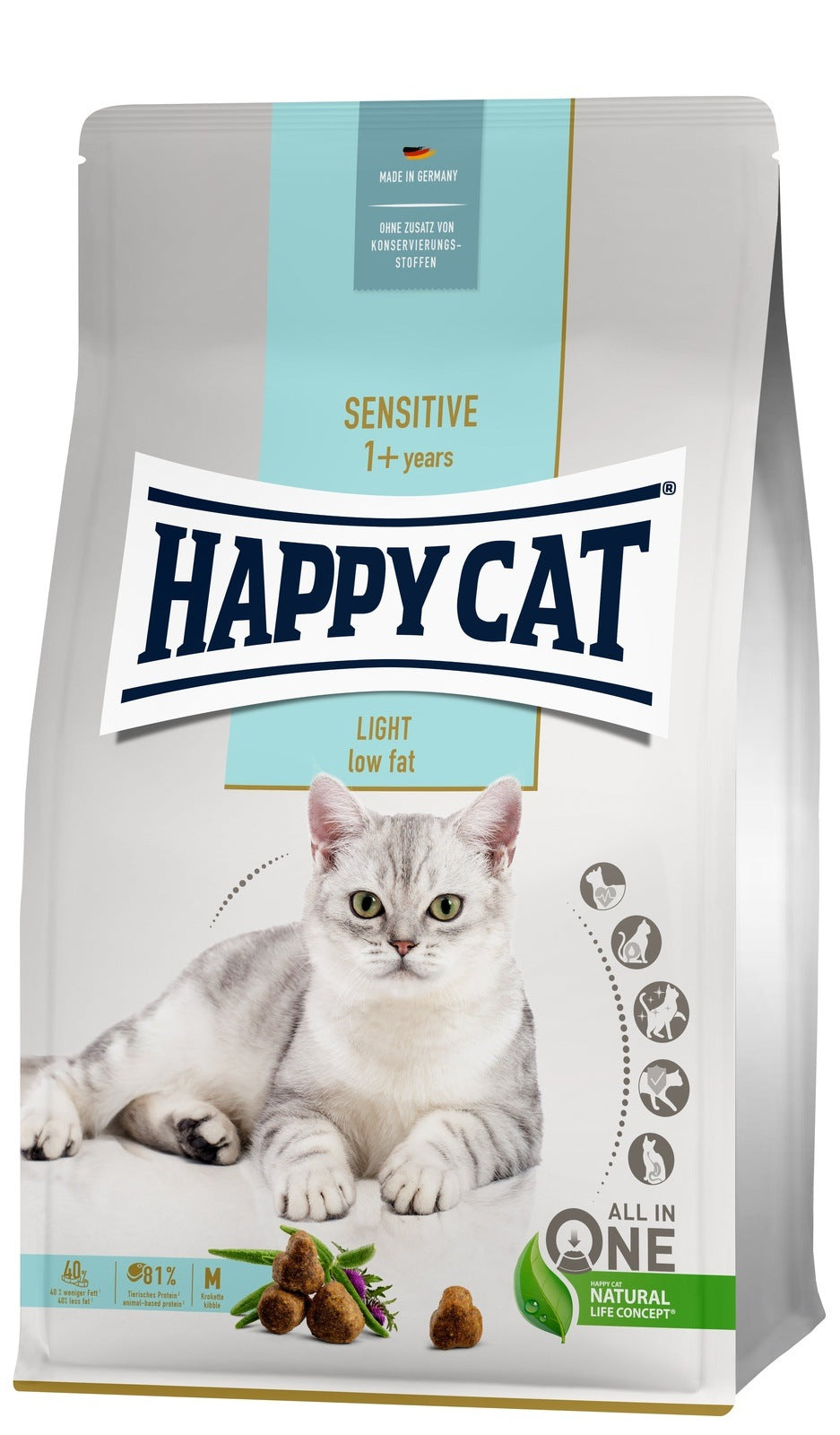 Artikel mit dem Namen Happy Cat Sensitive Adult Light im Shop von zoo.de , dem Onlineshop für nachhaltiges Hundefutter und Katzenfutter.