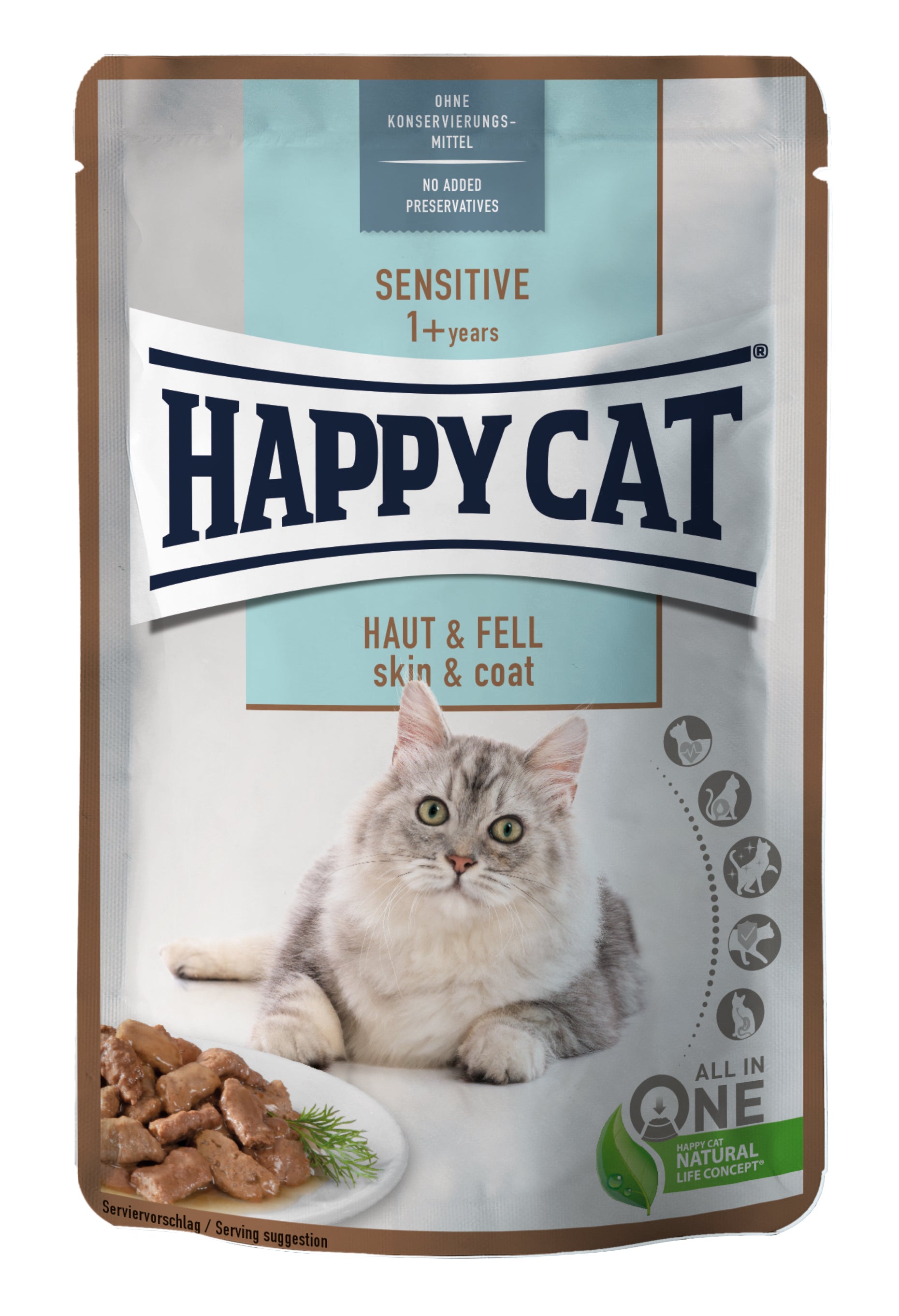 Artikel mit dem Namen Happy Cat Pouch Sensitive Haut & Fell im Shop von zoo.de , dem Onlineshop für nachhaltiges Hundefutter und Katzenfutter.