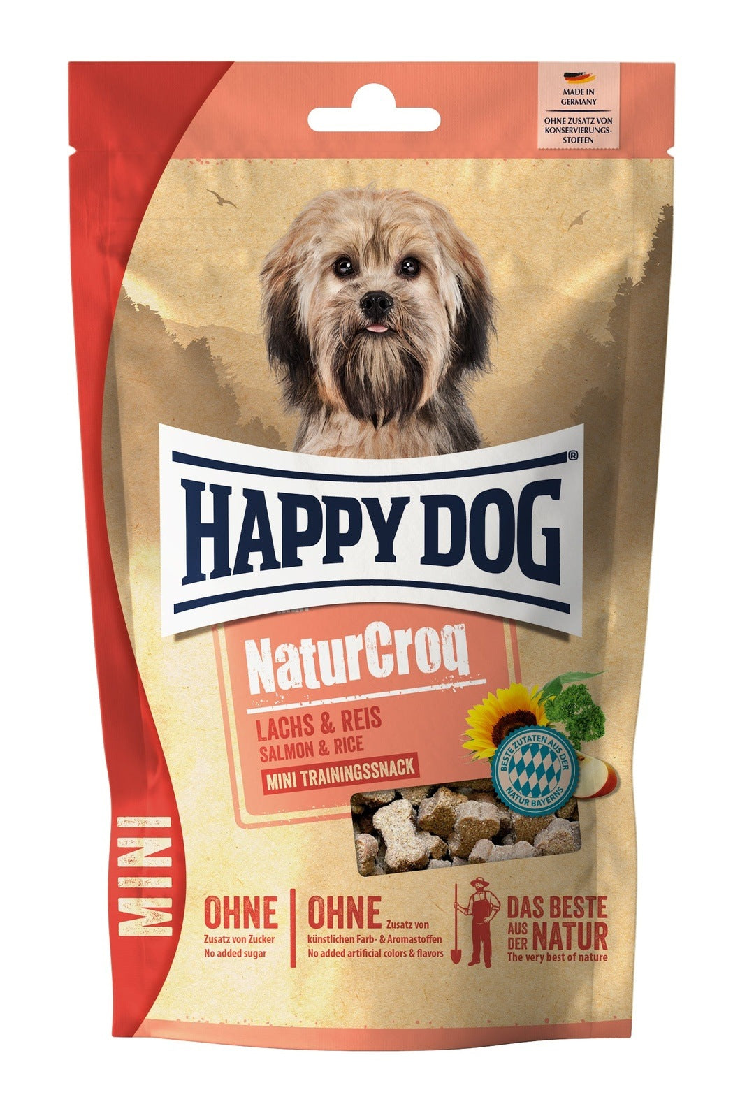 Artikel mit dem Namen Happy Dog NaturCroq Mini Snack Lachs & Reis im Shop von zoo.de , dem Onlineshop für nachhaltiges Hundefutter und Katzenfutter.