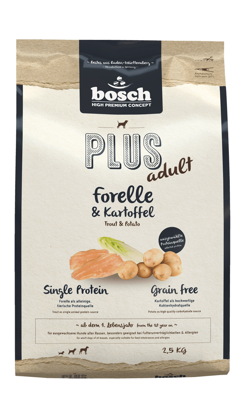 Artikel mit dem Namen Bosch Plus Forelle &amp; Kartoffel im Shop von zoo.de , dem Onlineshop für nachhaltiges Hundefutter und Katzenfutter.