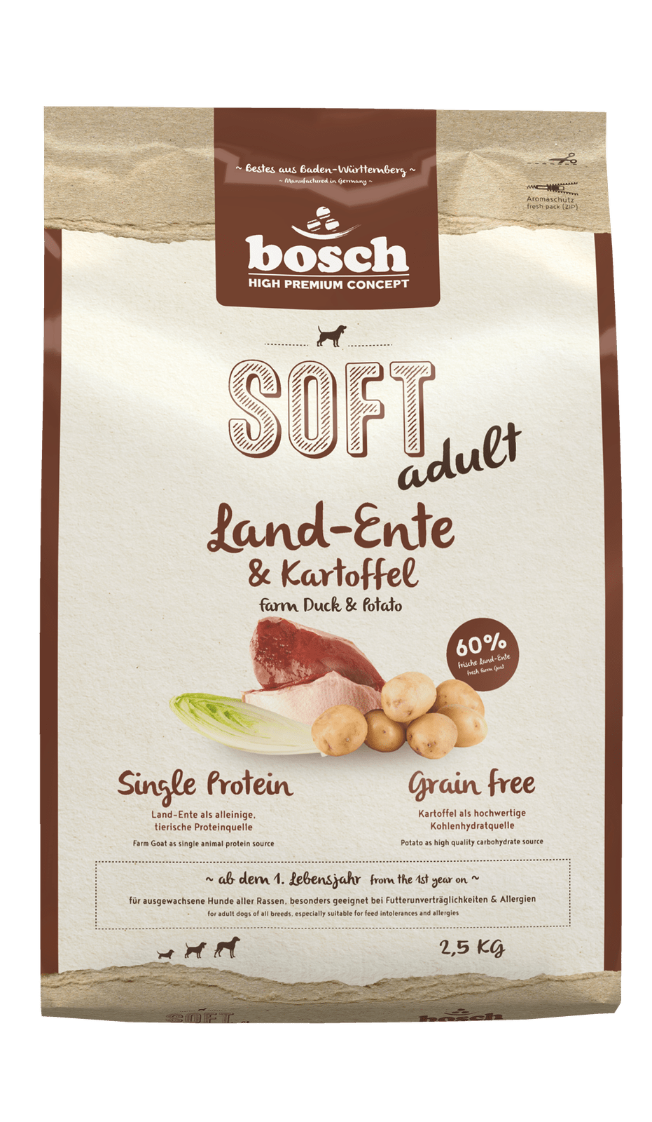 Artikel mit dem Namen Bosch Soft Ente & Kartoffel im Shop von zoo.de , dem Onlineshop für nachhaltiges Hundefutter und Katzenfutter.