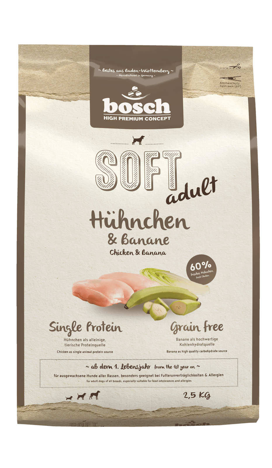 Artikel mit dem Namen Bosch HPC Soft Hühnchen & Banane im Shop von zoo.de , dem Onlineshop für nachhaltiges Hundefutter und Katzenfutter.