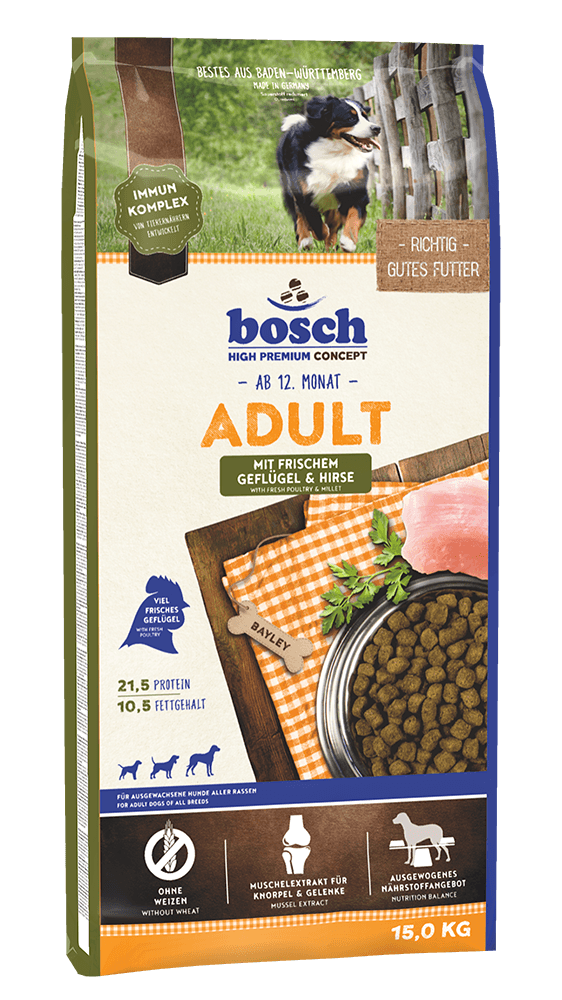 Artikel mit dem Namen Bosch Adult mit Geflügel und Hirse im Shop von zoo.de , dem Onlineshop für nachhaltiges Hundefutter und Katzenfutter.