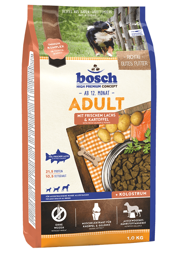 Artikel mit dem Namen Bosch Adult Lachs & Kartoffel im Shop von zoo.de , dem Onlineshop für nachhaltiges Hundefutter und Katzenfutter.