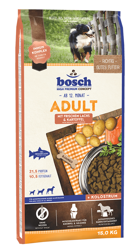 Artikel mit dem Namen Bosch Adult Lachs & Kartoffel im Shop von zoo.de , dem Onlineshop für nachhaltiges Hundefutter und Katzenfutter.