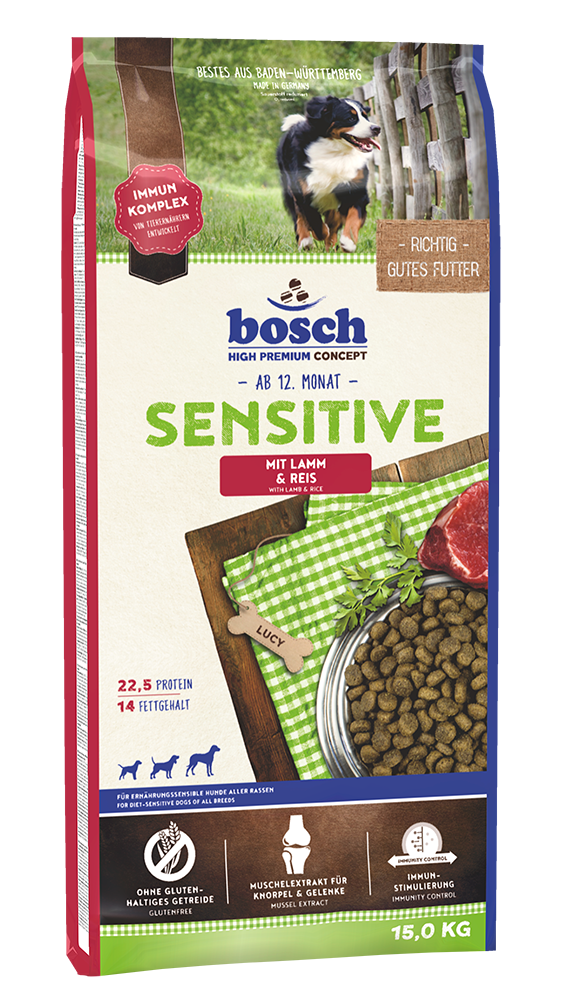 Artikel mit dem Namen Bosch Adult Sensitive Lamm &amp; Reis im Shop von zoo.de , dem Onlineshop für nachhaltiges Hundefutter und Katzenfutter.