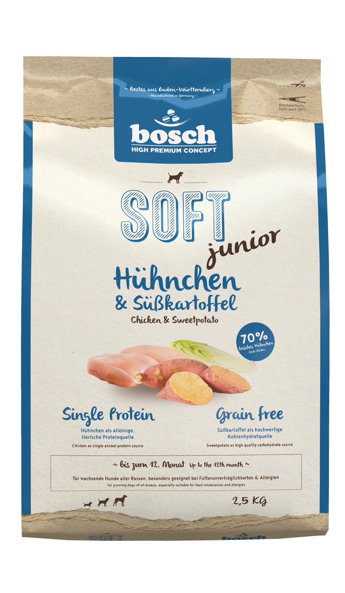 Artikel mit dem Namen Bosch Soft Junior Hühnchen & Süßkartoffel im Shop von zoo.de , dem Onlineshop für nachhaltiges Hundefutter und Katzenfutter.