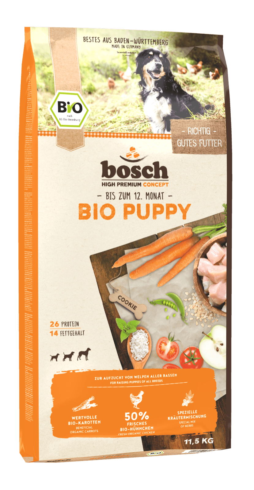 Artikel mit dem Namen Bosch Bio Puppy Hühnchen & Karotten im Shop von zoo.de , dem Onlineshop für nachhaltiges Hundefutter und Katzenfutter.
