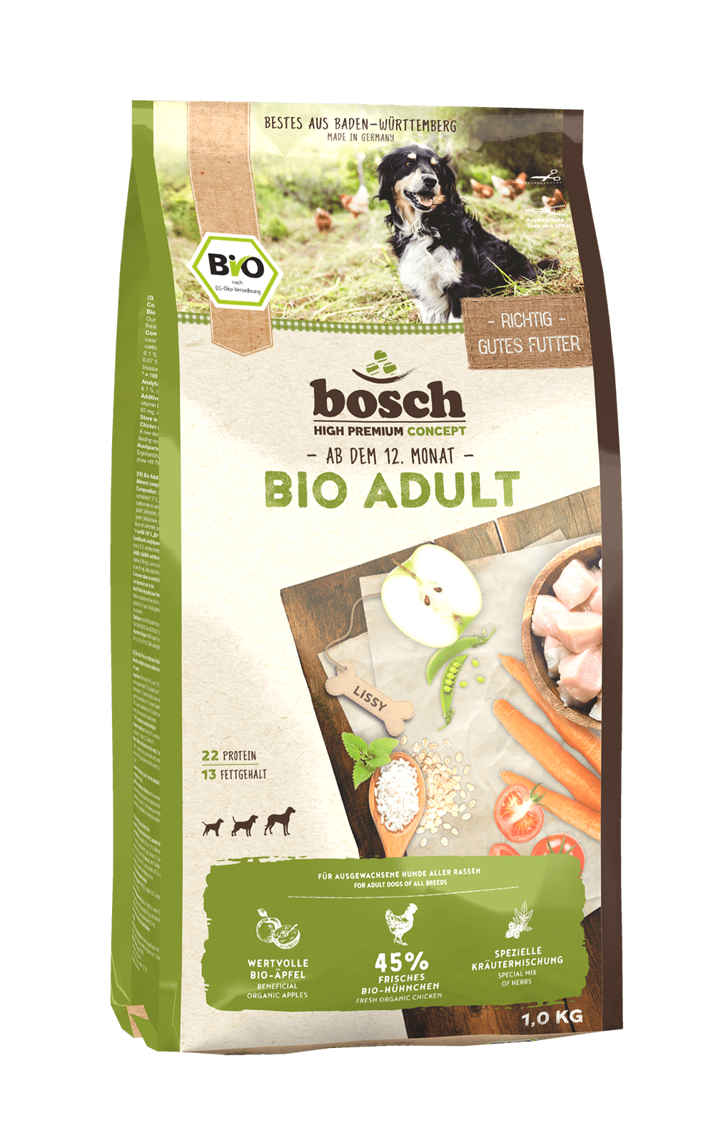 Artikel mit dem Namen Bosch Bio Hühnchen & Apfel im Shop von zoo.de , dem Onlineshop für nachhaltiges Hundefutter und Katzenfutter.