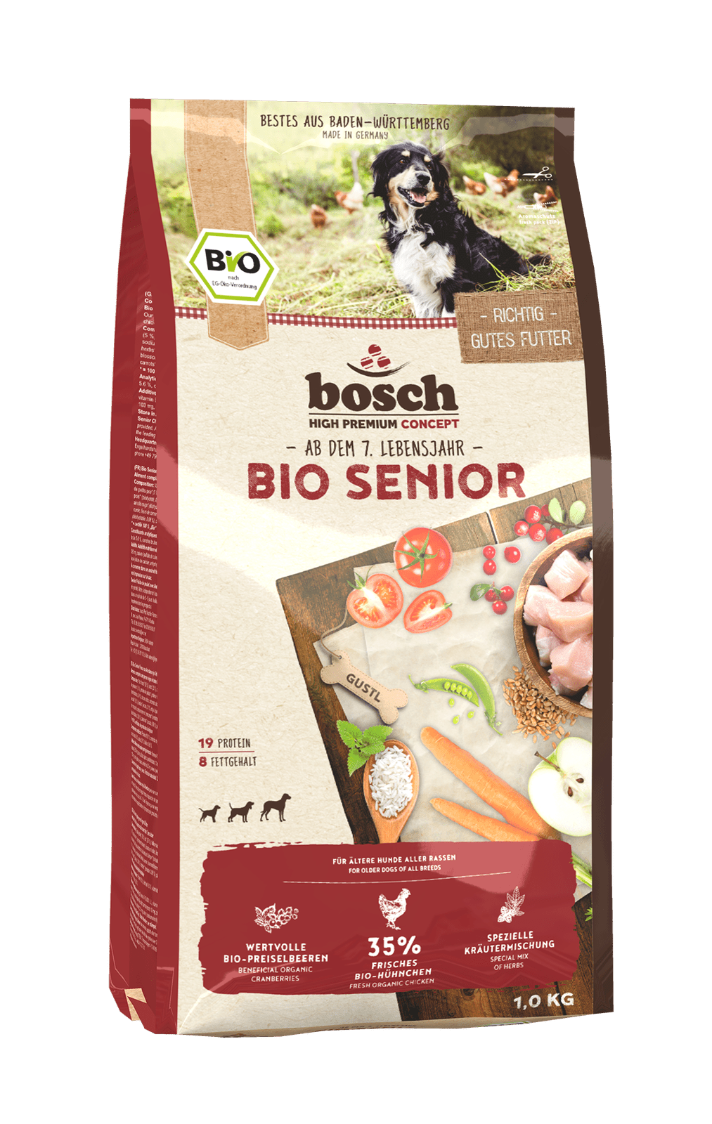 Artikel mit dem Namen Bosch Bio Senior Hühnchen & Preiselbeere im Shop von zoo.de , dem Onlineshop für nachhaltiges Hundefutter und Katzenfutter.