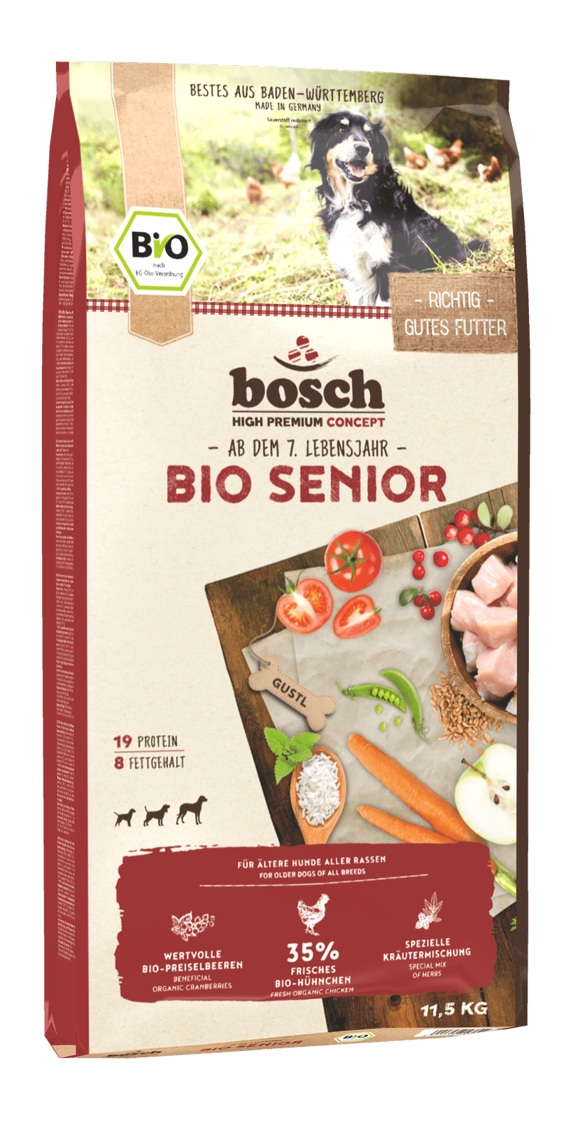 Artikel mit dem Namen Bosch Bio Senior Hühnchen &amp; Preiselbeere im Shop von zoo.de , dem Onlineshop für nachhaltiges Hundefutter und Katzenfutter.