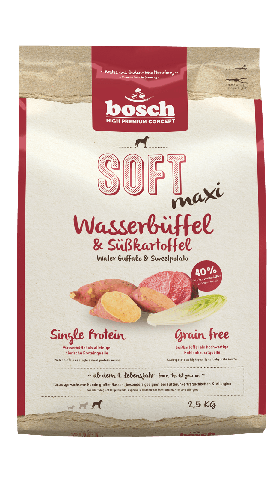 Artikel mit dem Namen Bosch HPC Soft Maxi Wasserbüffel & Süßkartoffel im Shop von zoo.de , dem Onlineshop für nachhaltiges Hundefutter und Katzenfutter.