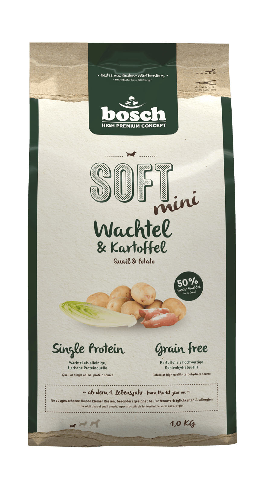 Artikel mit dem Namen Bosch Soft Mini Wachtel &amp; Kartoffel im Shop von zoo.de , dem Onlineshop für nachhaltiges Hundefutter und Katzenfutter.