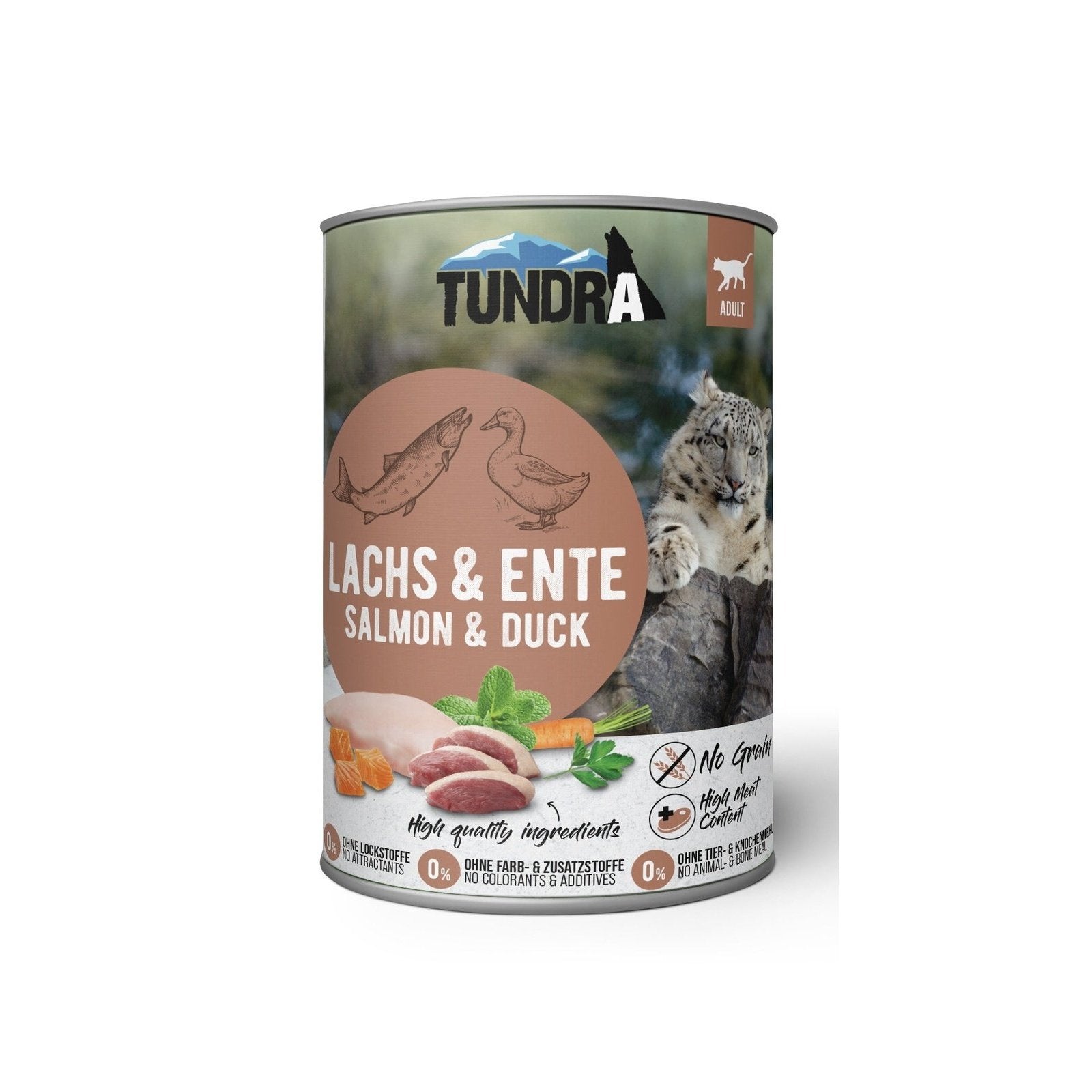 Artikel mit dem Namen Tundra Katze Lachs & Ente Dose im Shop von zoo.de , dem Onlineshop für nachhaltiges Hundefutter und Katzenfutter.
