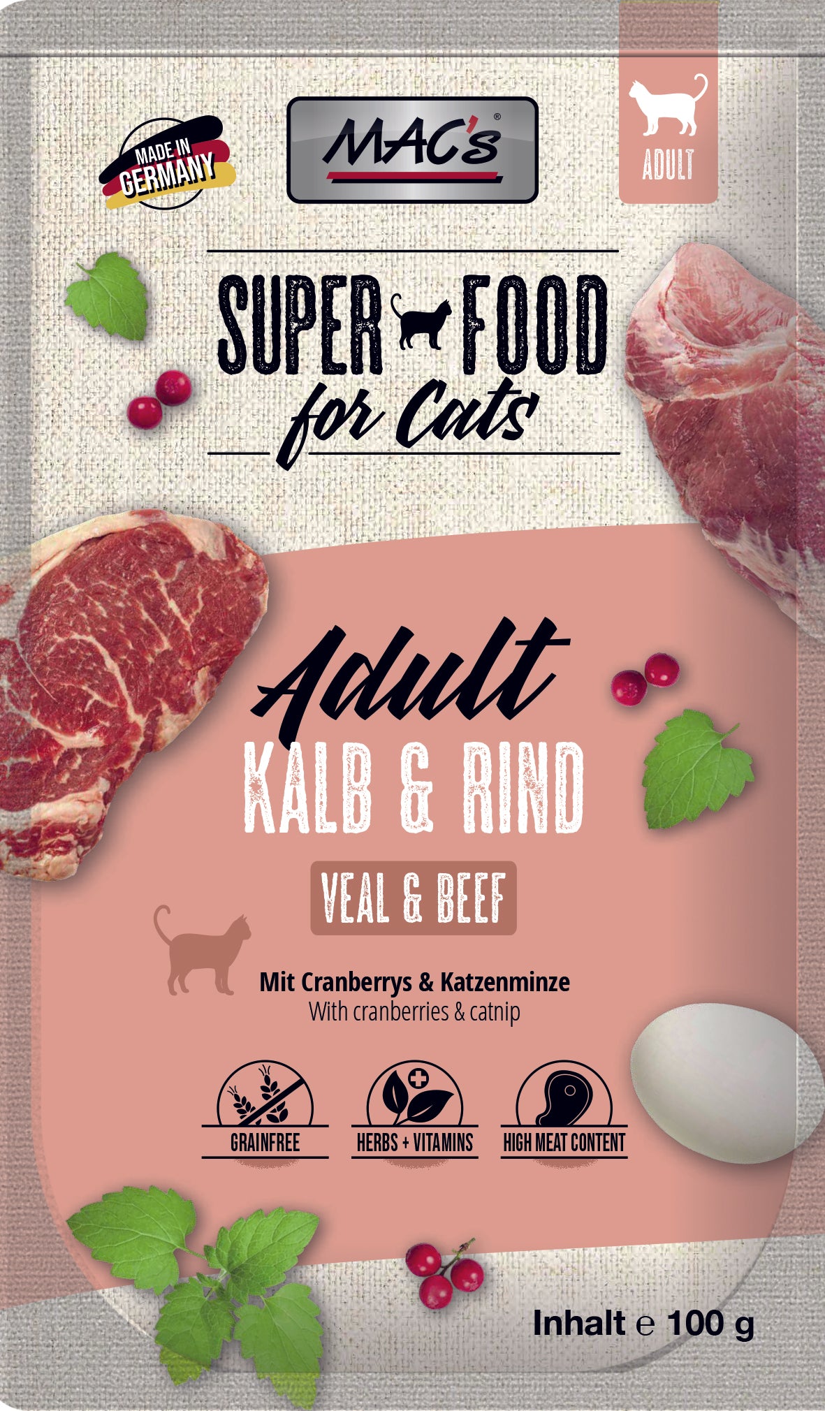 Artikel mit dem Namen MAC's Cat Kalb & Rind im Shop von zoo.de , dem Onlineshop für nachhaltiges Hundefutter und Katzenfutter.