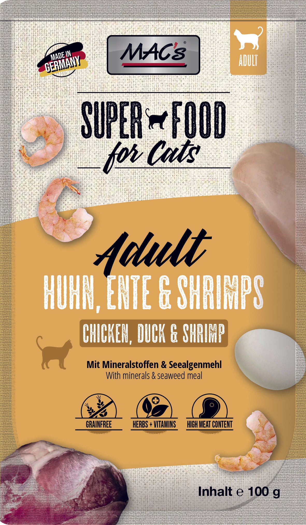 Artikel mit dem Namen MAC&#39;s Cat Huhn, Ente &amp; Shrimps im Shop von zoo.de , dem Onlineshop für nachhaltiges Hundefutter und Katzenfutter.