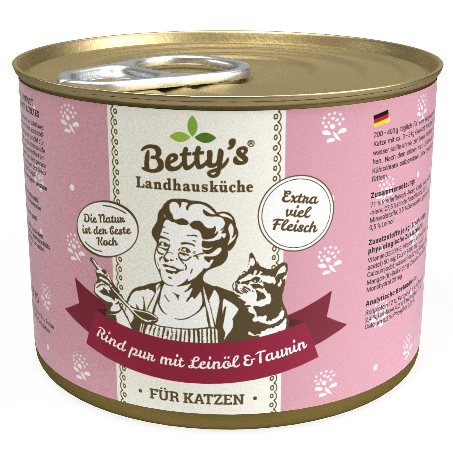 Artikel mit dem Namen Betty's Katze Rind pur Leinöl im Shop von zoo.de , dem Onlineshop für nachhaltiges Hundefutter und Katzenfutter.