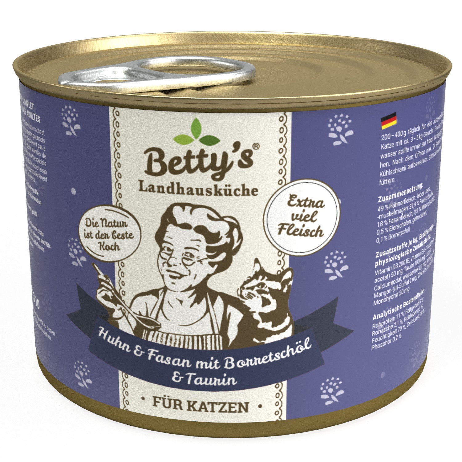 Artikel mit dem Namen Betty&#39;s Katze Huhn &amp; Fasan Borretschöl im Shop von zoo.de , dem Onlineshop für nachhaltiges Hundefutter und Katzenfutter.