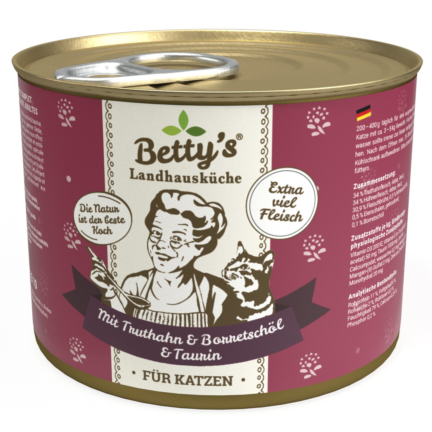 Artikel mit dem Namen Betty&#39;s Katze Truthahn und Borretschöl im Shop von zoo.de , dem Onlineshop für nachhaltiges Hundefutter und Katzenfutter.