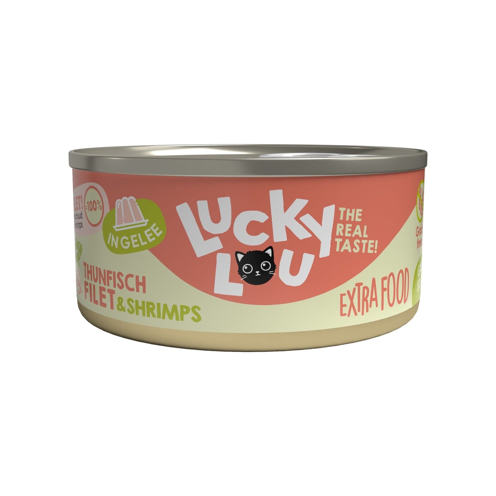 Artikel mit dem Namen Lucky Lou Extrafood Thunfischfilet + Shrimps in Jelly im Shop von zoo.de , dem Onlineshop für nachhaltiges Hundefutter und Katzenfutter.